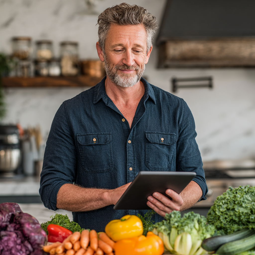 Professional man in his early 50s with graying temples wearing a navy blue button-down shirt, standing in a modern kitchen while reviewing nutrition plans on a tablet, with fresh fruits and vegetables arranged on a marble countertop behind him